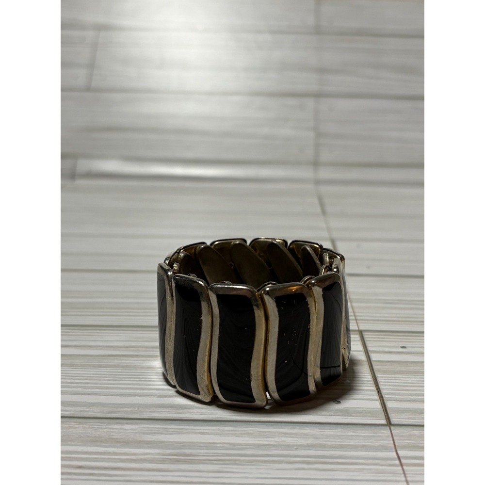 Vntg Made in Japan Black Enamel‎ Gold Tone Wavy Stretch Bracelet Art Deco Style